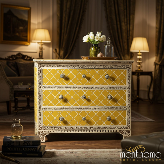 Vintage Yellow Patterned Wooden Dresser with 3 Drawers