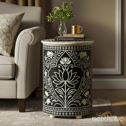 Elegant Floral Inlaid Drum Table | Luxury Handmade Side Table