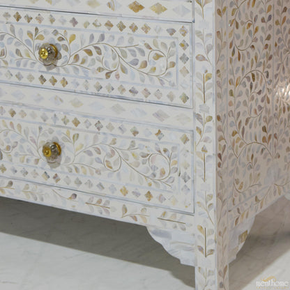 7-drawer Motehr of Pearl Floral Pattern White Dresser | Luxury Handmade Dresser