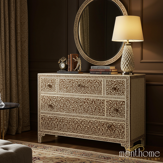 Intricately Carved Wooden Dresser with Floral Inlay | Luxury Handmade Dresser