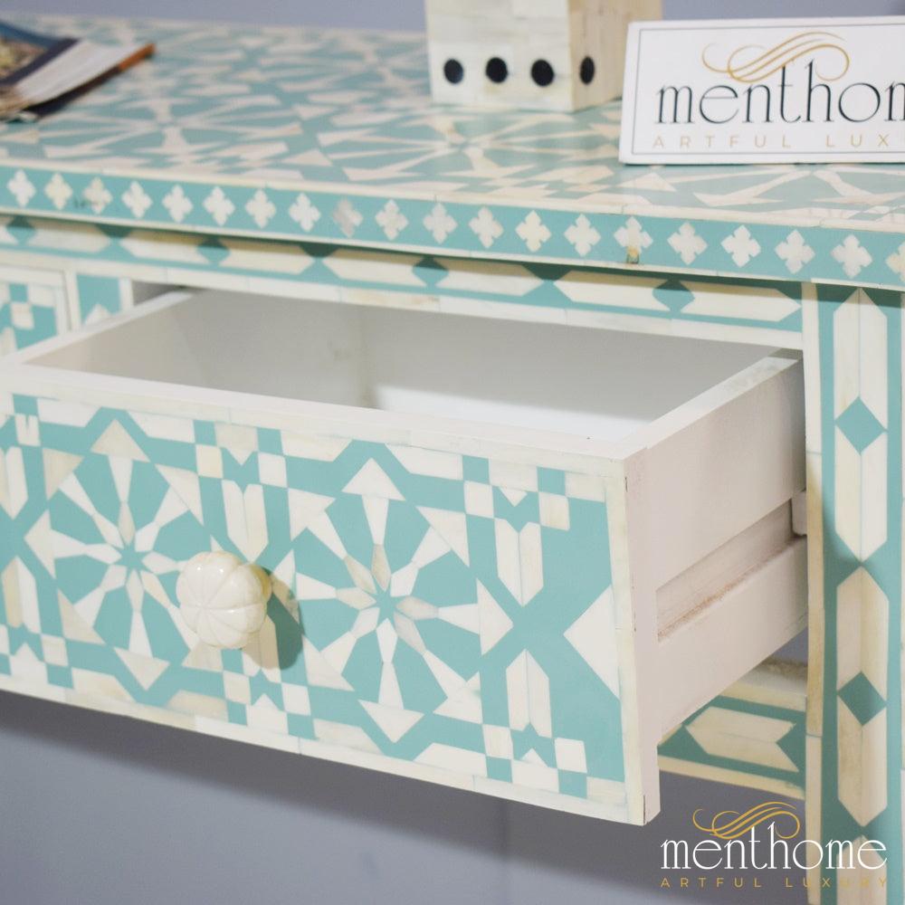 Turquoise Moroccan 3-Drawer Bone Inlay Desk | Luxury Handmade Desk