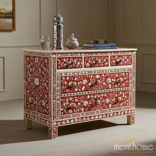 Handcrafted Red Floral Bone Inlay Chest of Drawers | Luxury Handmade Chest of Drawer