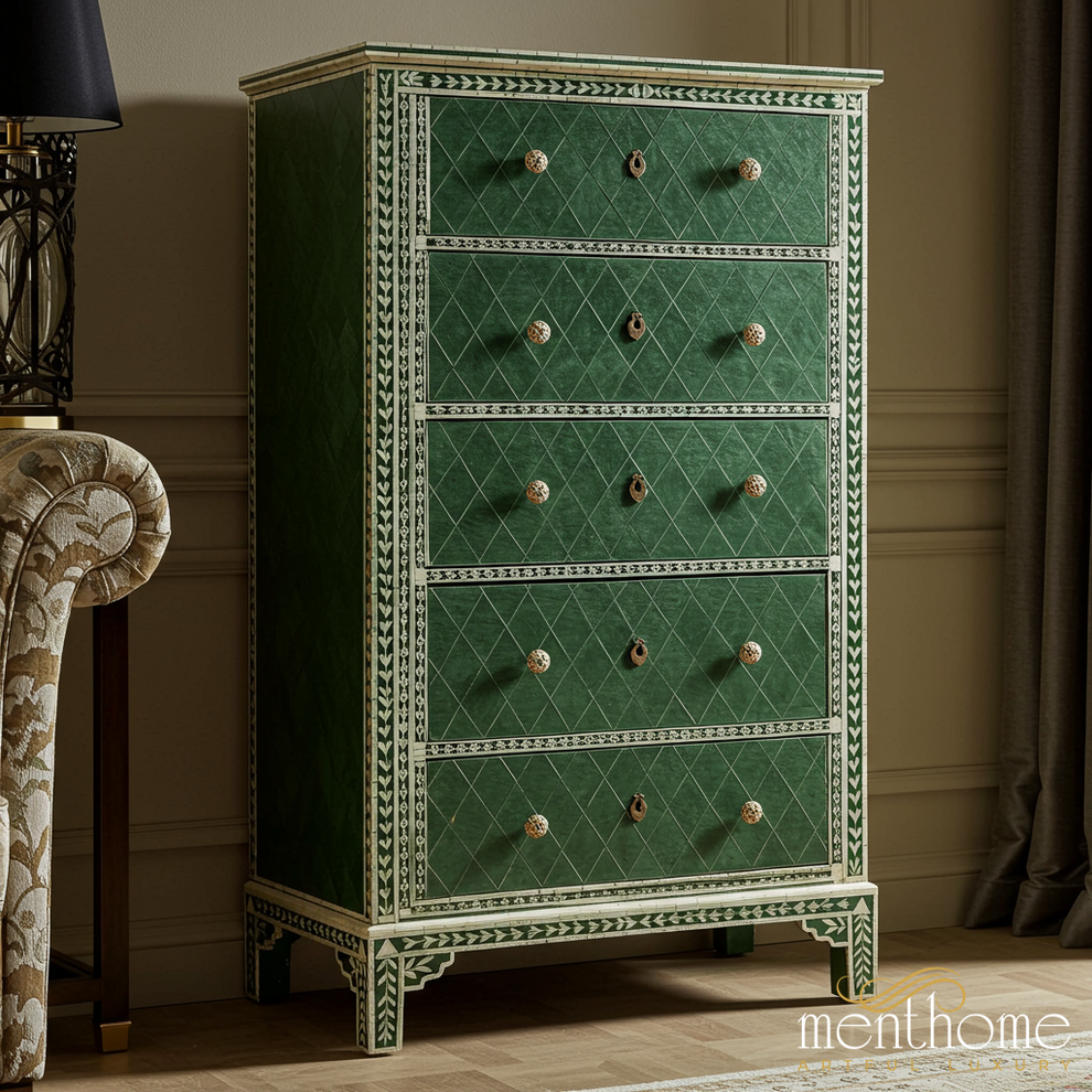 Handcrafted Green Bone Inlay Tall Dresser – green tall boy – Menthome USA