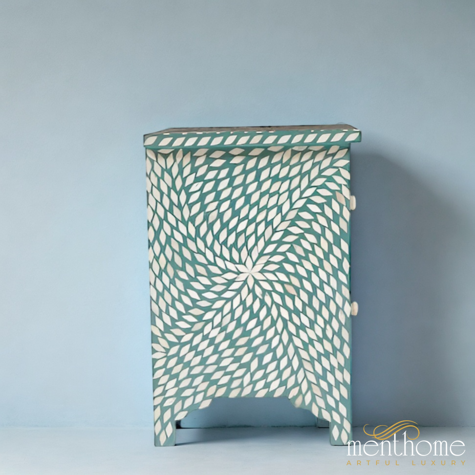 Green Bone Inlay Petal Bedside Table for Home | Luxury Handmade Bedside Table