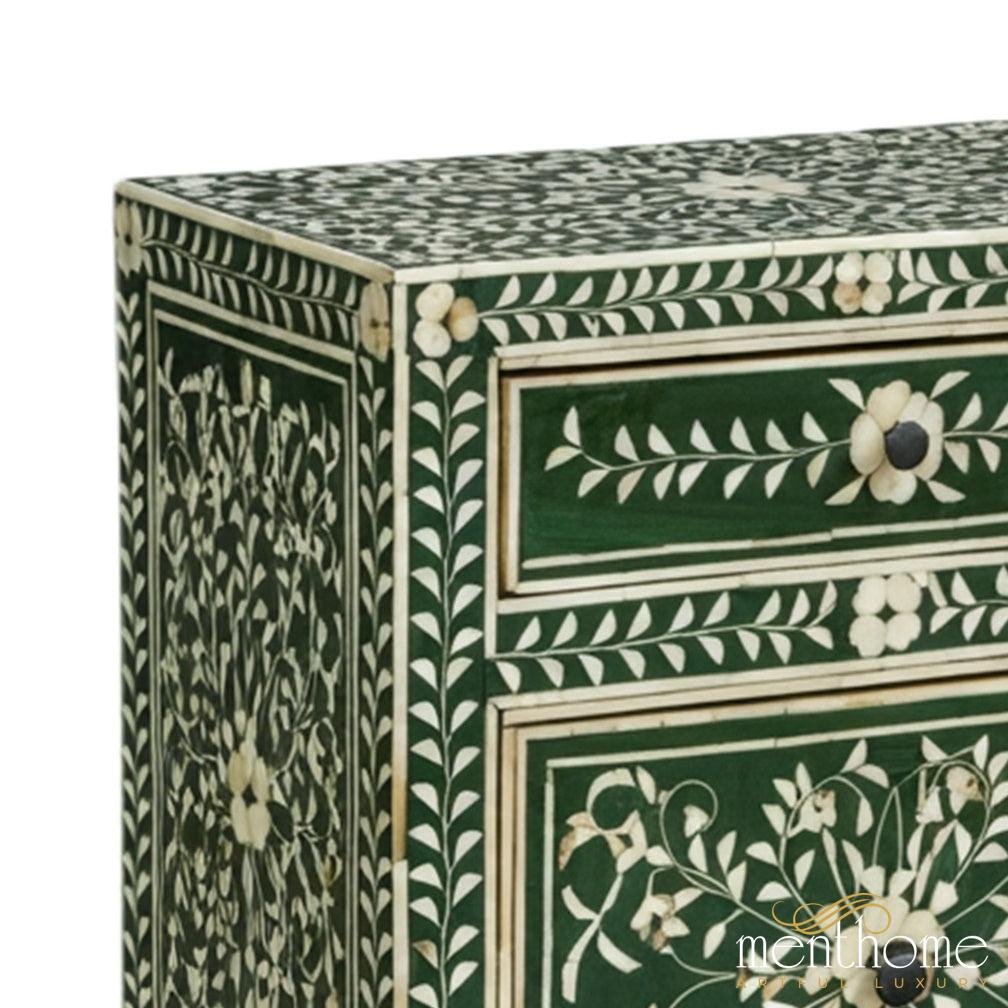 Floral Pattern Two Drawers Bedside Table In Green Color | Luxury Handmade Bedside Table