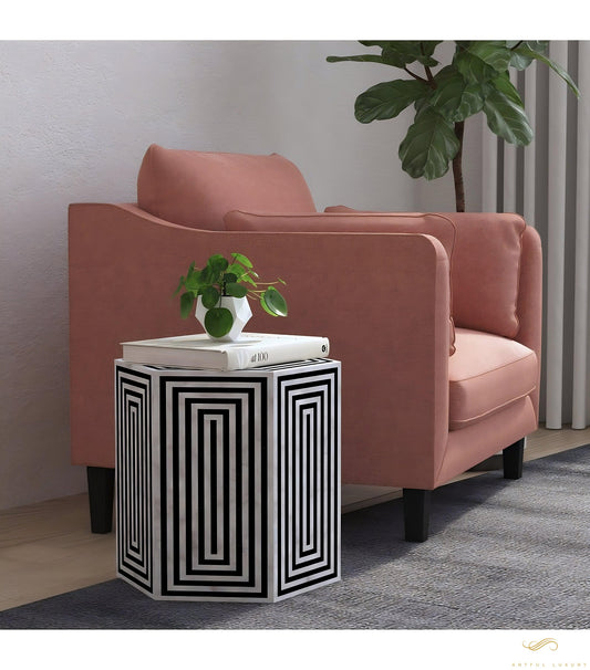 Striped Hexagonal Bone Inlay Black Side table | Luxury Handmade Side Table