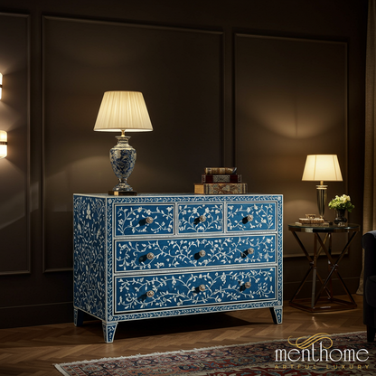 Blue Floral Inlay Wooden Chest of Drawers | Luxury Handmade Dresser