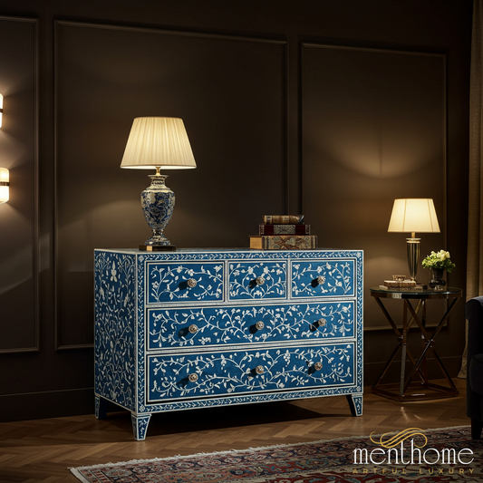 Blue Floral Inlay Wooden Chest of Drawers | Luxury Handmade Dresser