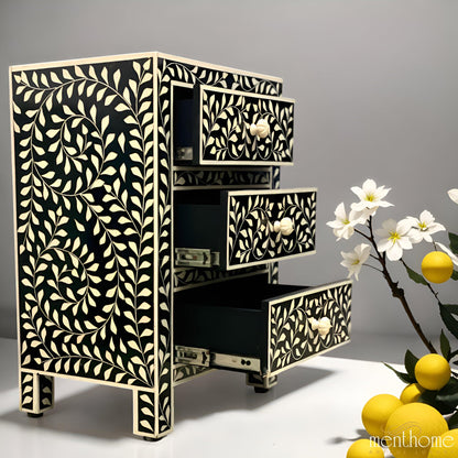 Leaf Design Black and White 3 Drawer Resin Bedside Table | Luxury Handmade Bedside Table