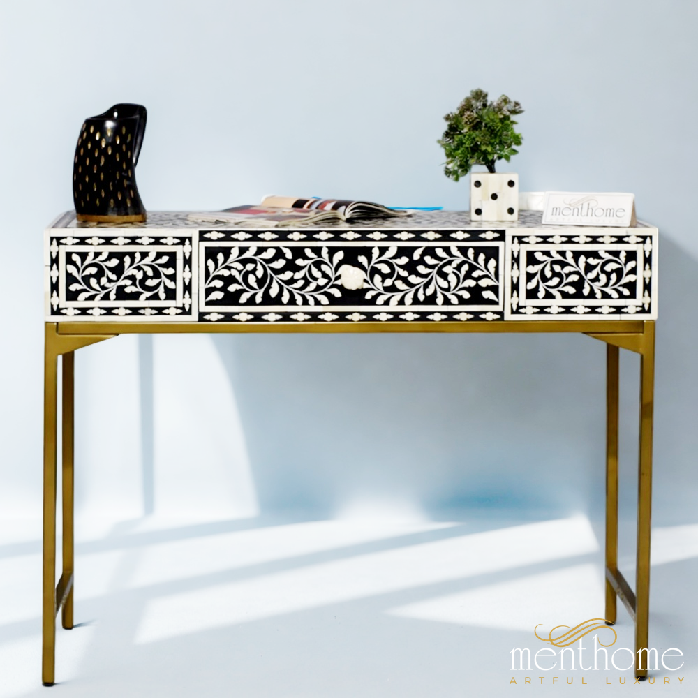 Floral 1 Drawer Bone Inlay Desk with Brass Leg | Luxury Handmade Desk