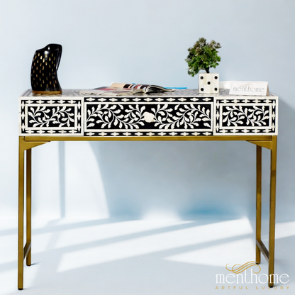 Floral 1 Drawer Bone Inlay Desk with Brass Leg | Luxury Handmade Desk