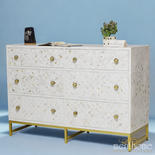 Six-Drawer Dresser Mother of Pearl Eye Cut Design | Luxury Handmade Dresser