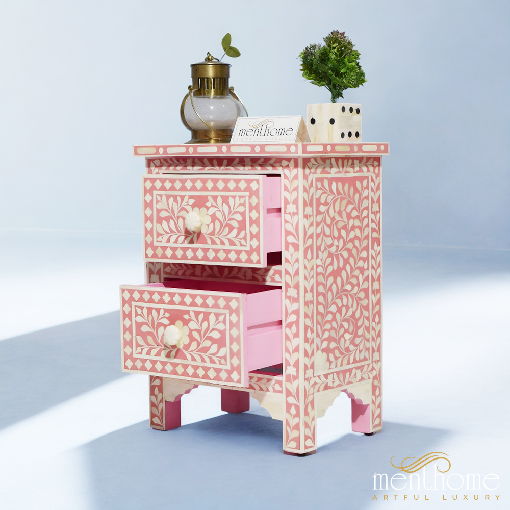 Dark Pink Bone Inlay Handmade Bedside Table with Two Drawers (Copy) | Luxury Handmade Bedside Table