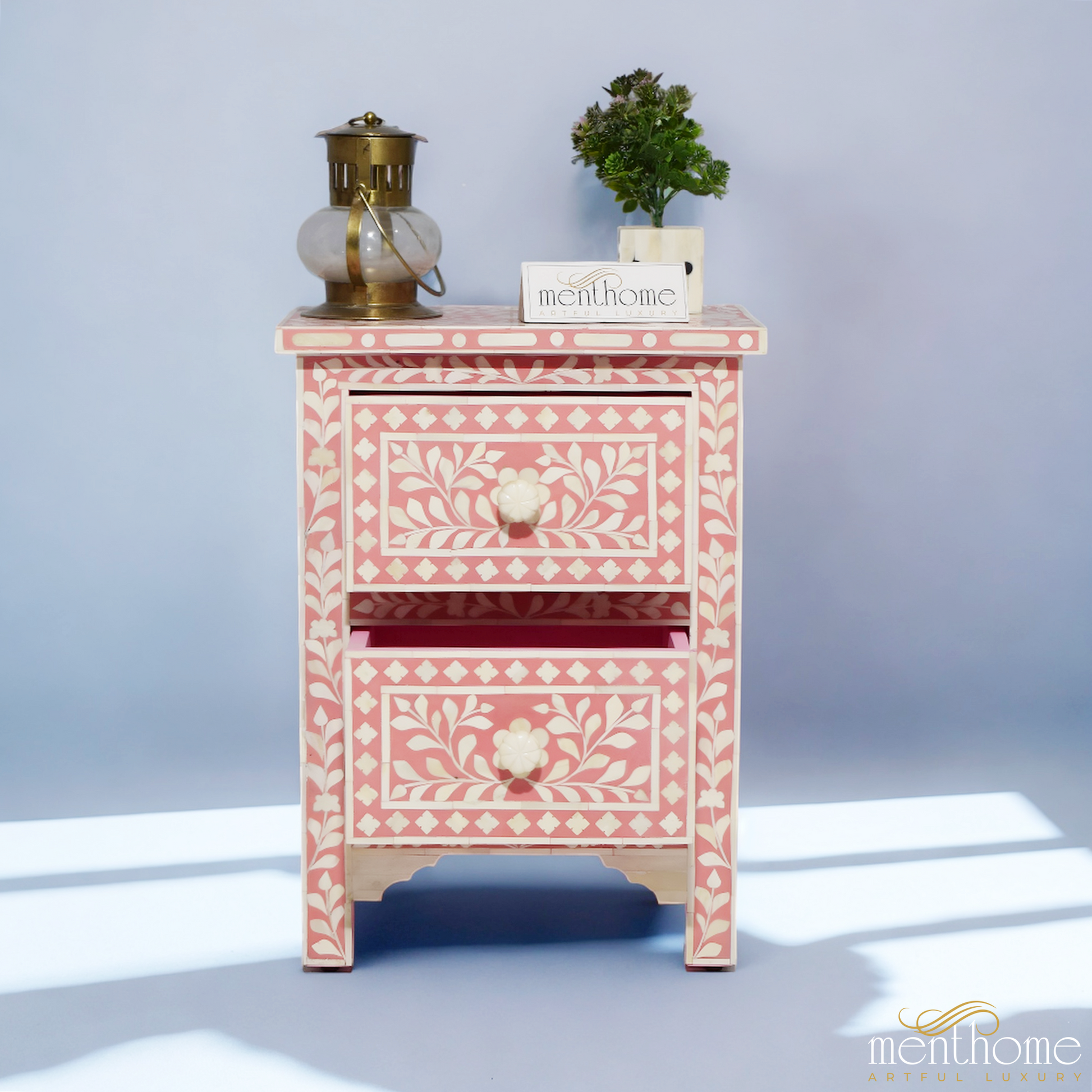 Dark Pink Bone Inlay Handmade Bedside Table with Two Drawers (Copy) | Luxury Handmade Bedside Table
