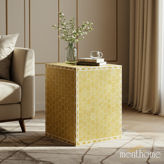 Modern Yellow Honeycomb Pattern Side Table | Luxury Handmade Side Table