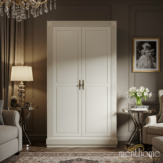 Elegant Classic White Wooden Wardrobe with Intricate Greek Key Pattern | Luxury Handmade Wardrobe