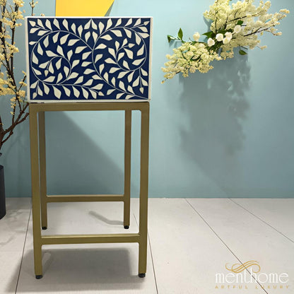 Navy Blue Nightstand Floral Design Resin | Luxury Handmade Bedside Table