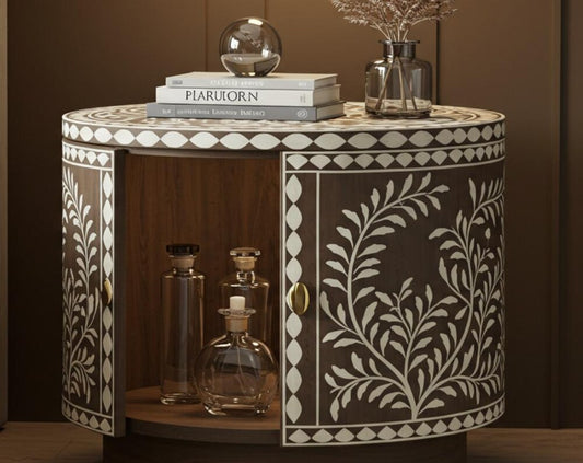 Handcrafted Bone Inlay Side Table with Bottle Storage