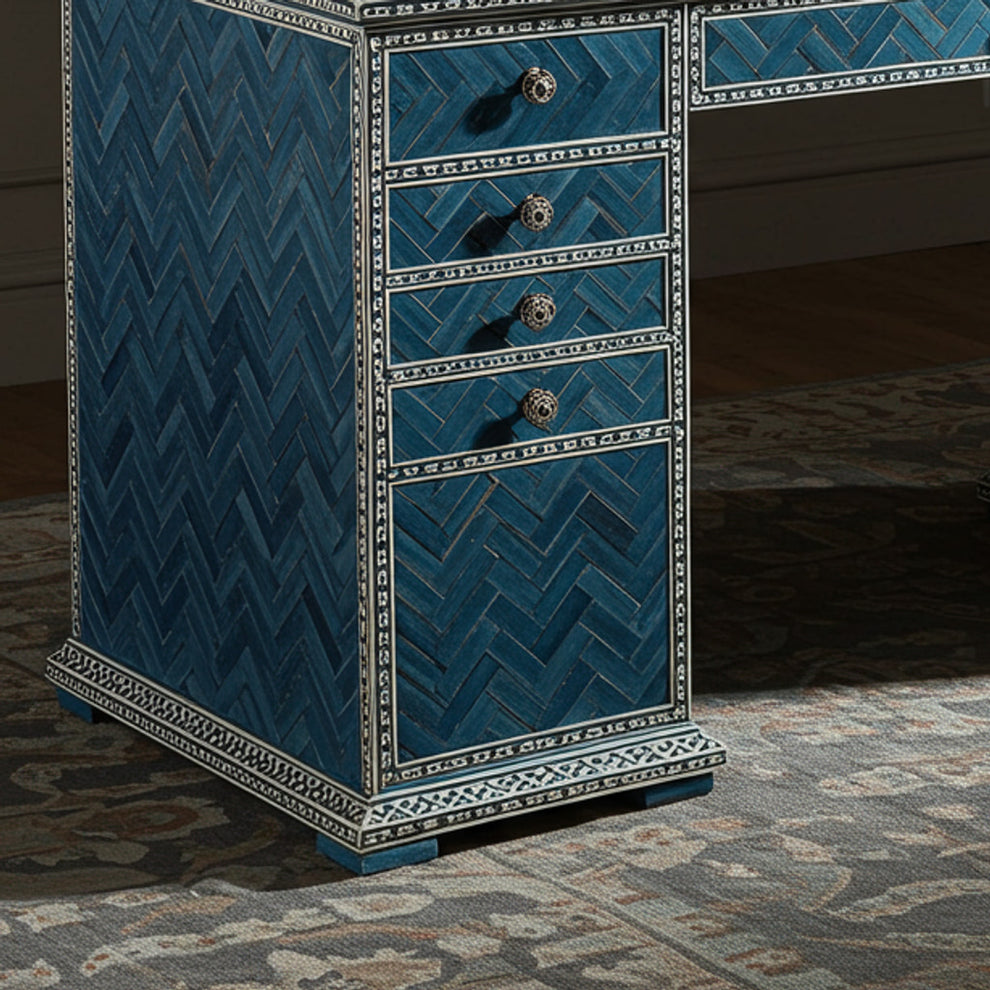 Luxury Blue Patterned Wooden Desk with Multiple Drawers | Luxury Handm ...
