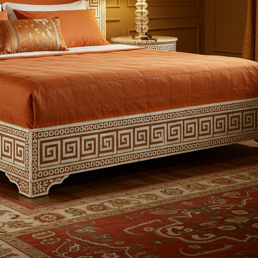 Greek Key Inlay Luxury Greek Key Inlay King Bed With Upholstered Headboard… – Menthome USA