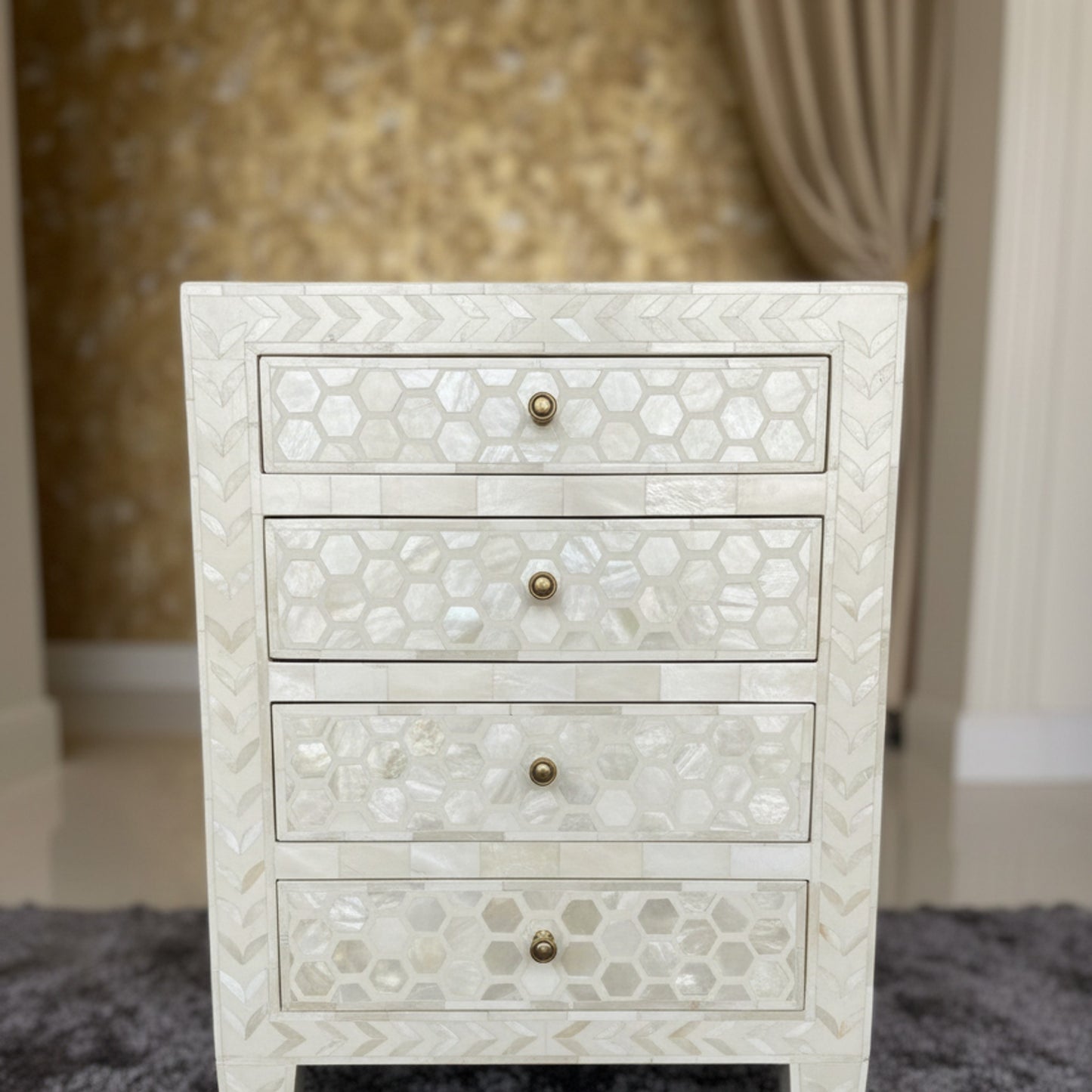 White Hexagonal Patterned inlay Side Table