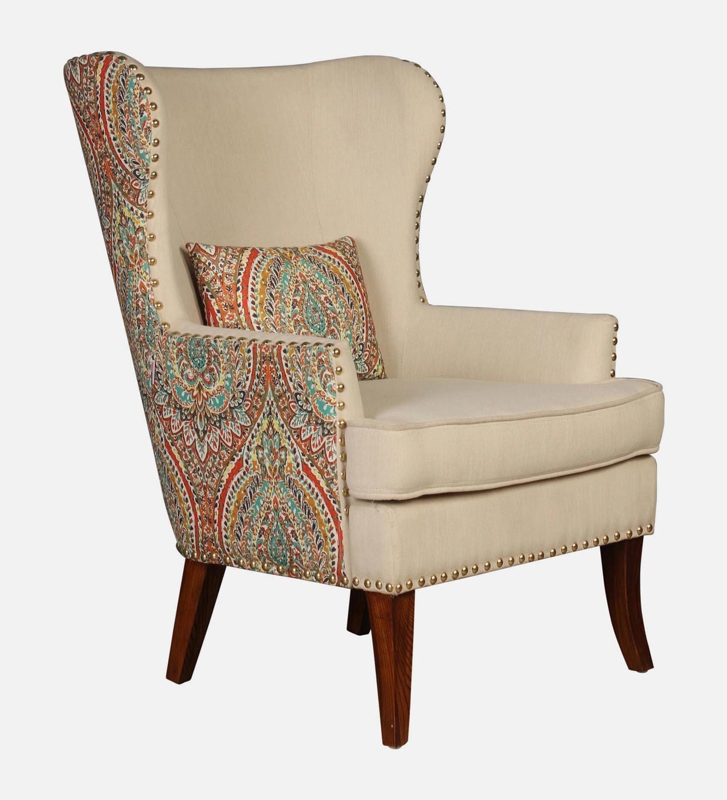 Fabric Wing Chair In Beige Floral Colour,