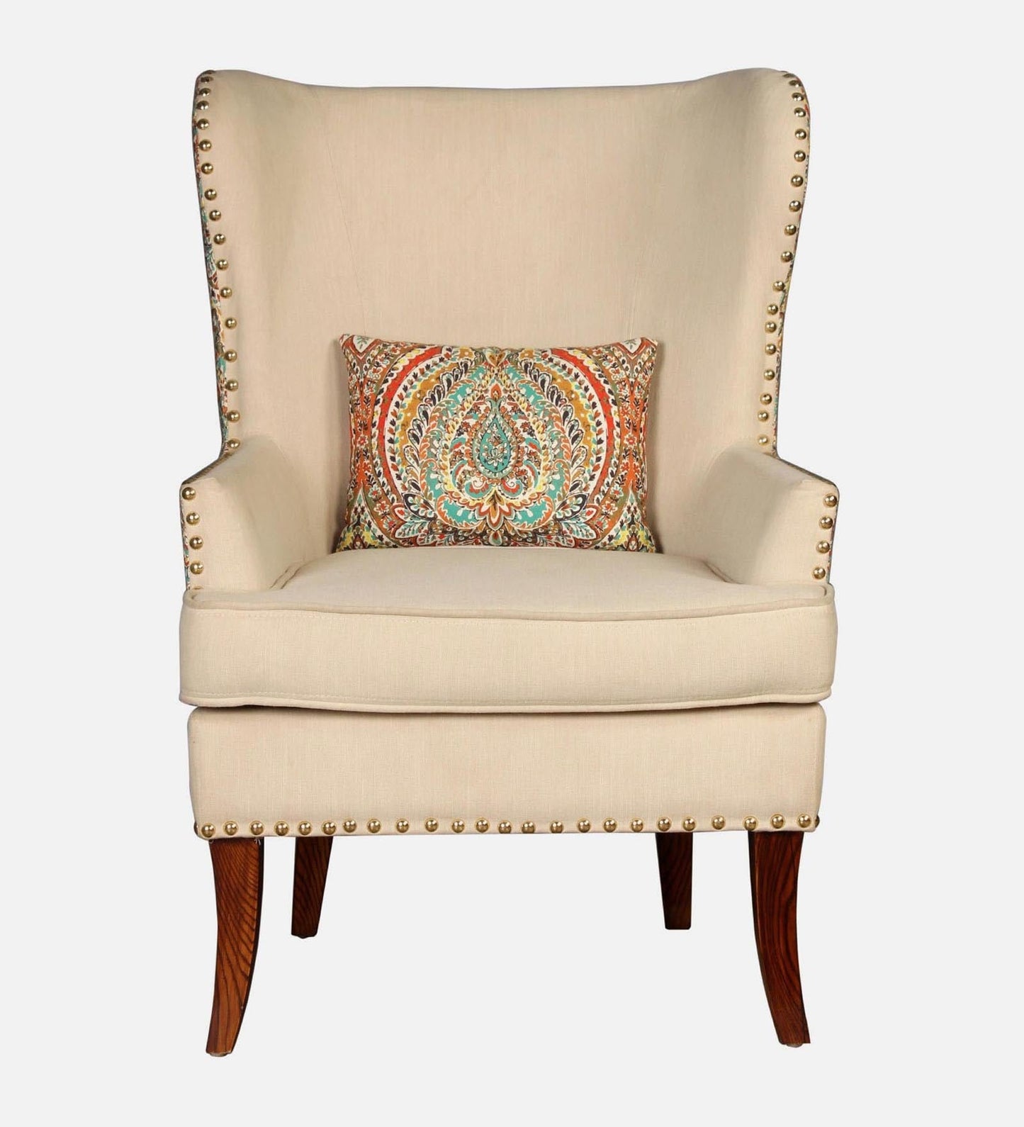 Fabric Wing Chair In Beige Floral Colour,