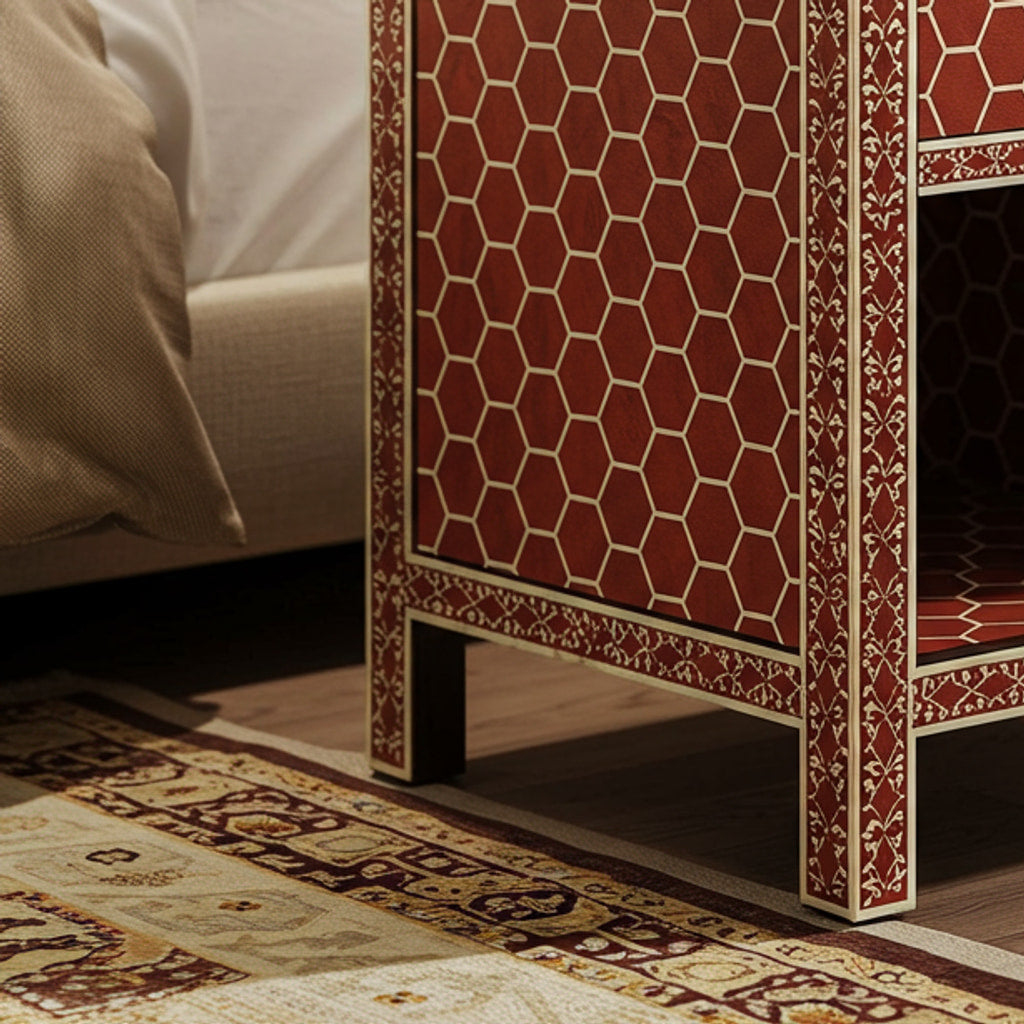 Bedside Table Patterned Red and Gold Patterned Bedside Table with Drawer and Open Shelf | Luxu ...