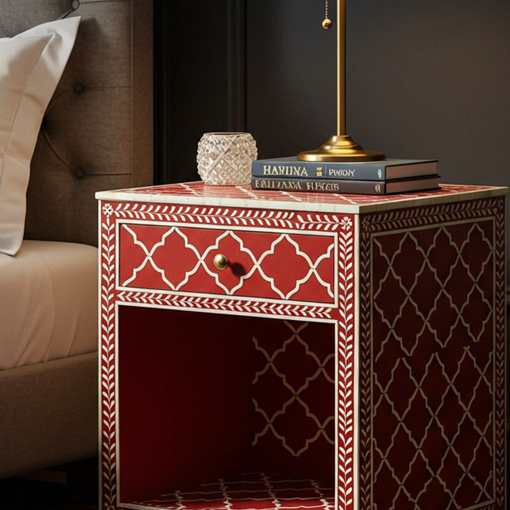 Bedside Table Patterned Red and White Patterned Bedside Table with Single Drawer | Luxury Hand ...