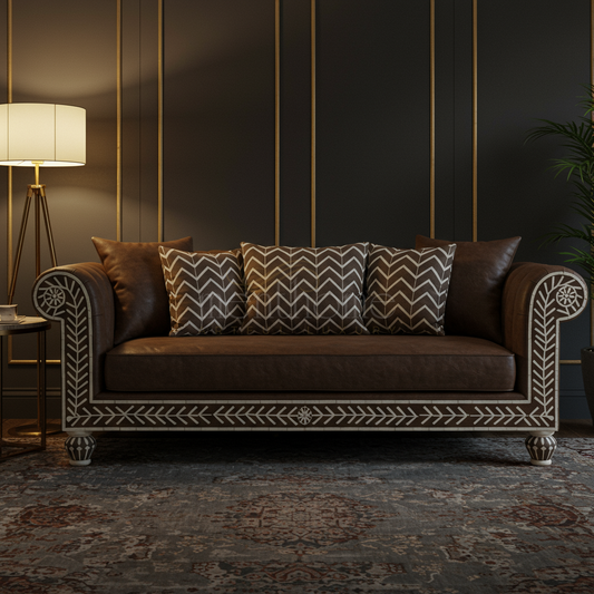 Elegant Hand-Inlaid Leather Sofa with Geometric Cushions | Luxury Handmade Sofa