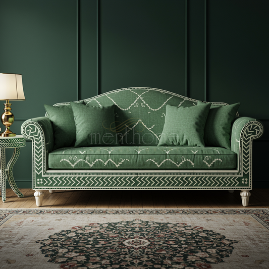 Luxury Green Inlay Sofa with Intricate Pattern Detailing | Luxury Handmade Sofa