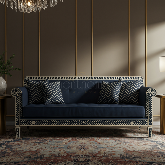 Luxury Navy Blue Inlay Sofa with Chevron Pattern Cushions | Luxury Handmade Sofa