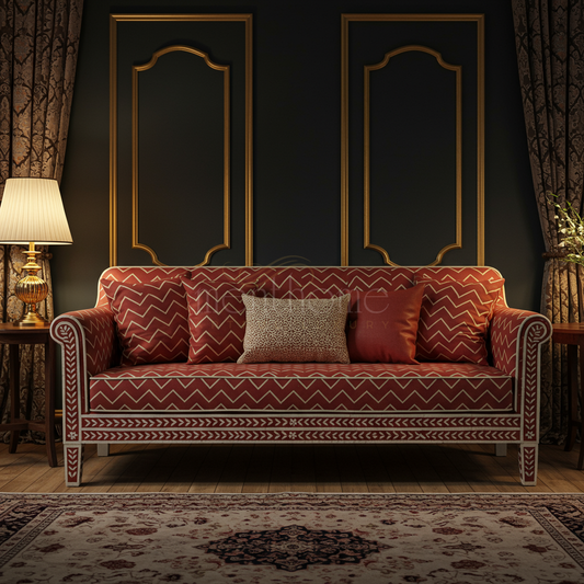 Classic Red Inlay Sofa with Chevron Pattern | Luxury Handmade Sofa