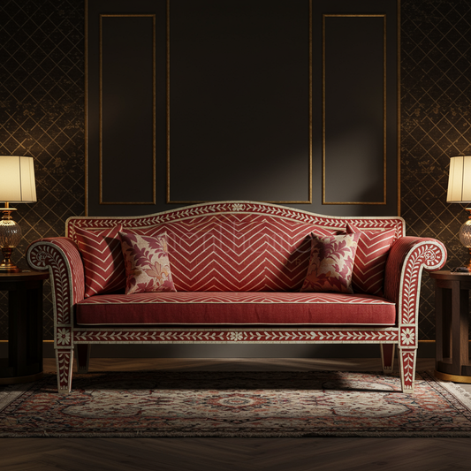 Luxury Red Inlay Sofa with Floral and Chevron Patterns | Luxury Handmade Sofa