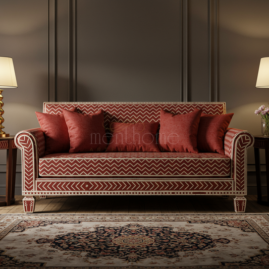 Handcrafted Inlay Red Chevron Pattern Sofa | Luxury Handmade Sofa