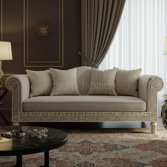 Luxurious Inlay Carved Beige Sofa | Luxury Handmade Sofa