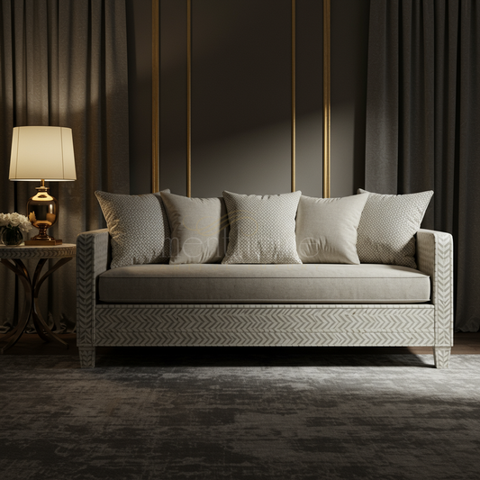 Elegantly Inlaid Neutral Beige Sofa | Luxury Handmade Sofa
