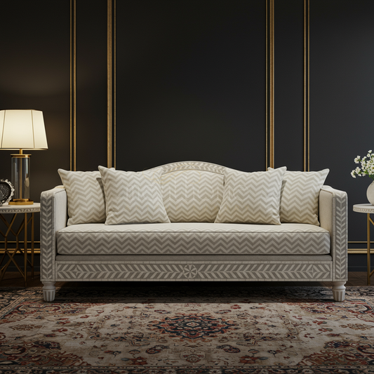 Elegant Inlay Pattern Sofa with Chevron Cushions | Luxury Handmade Sofa