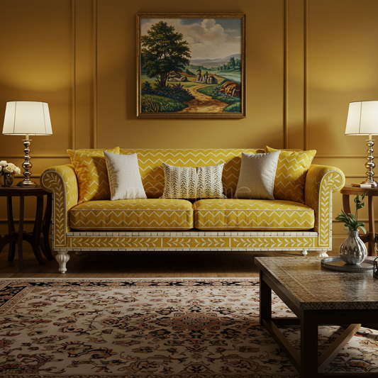 Elegant Yellow Inlay Sofa with Decorative Cushion Set | Luxury Handmade Sofa