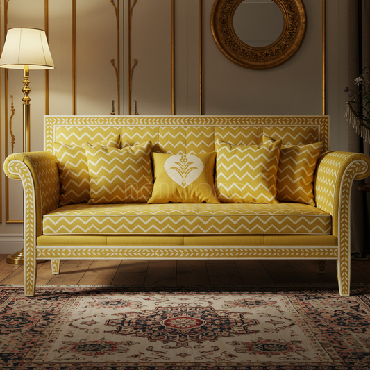 Elegant Yellow Inlay Sofa with Chevron Pattern | Luxury Handmade Sofa