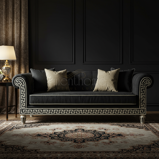Artful Luxury Inlay Sofa with Classic Greek Key Detailing | Luxury Handmade Sofa