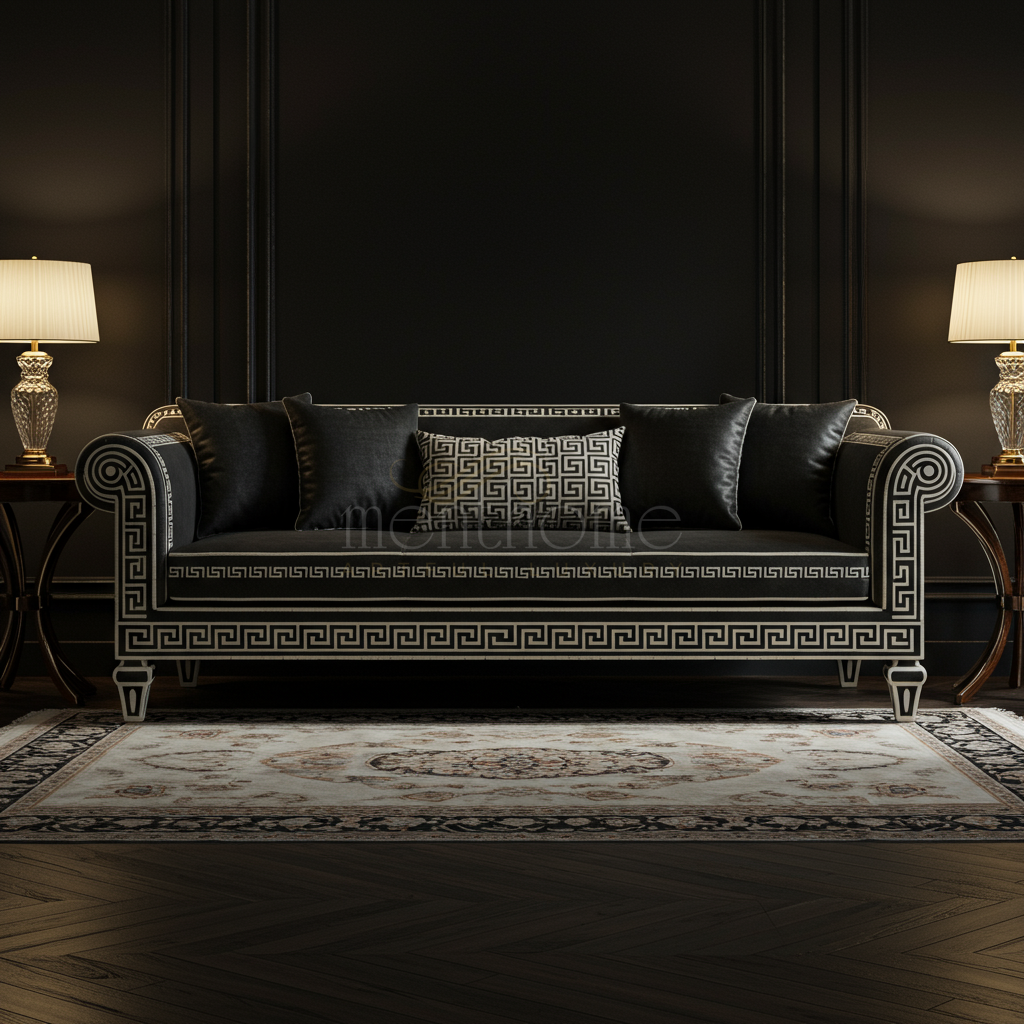 Greek Key Inlay Luxury Inlay Black Greek Key Sofa | Luxury Handmade Sofa – Menthome USA