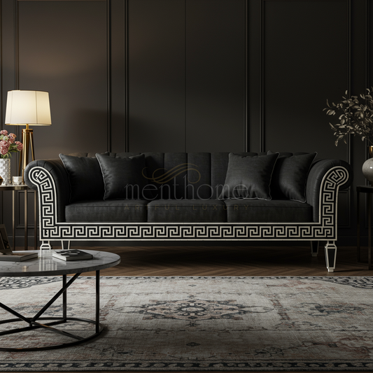 Luxuriant Inlay Black Velvet Sofa with Greek Key Motif | Luxury Handmade Sofa