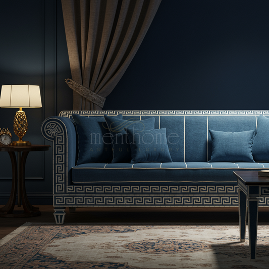 Sophisticated Inlay Pattern Blue Sofa | Luxury Handmade Sofa
