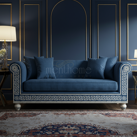 Luxury Blue Inlay Sofa with Greek Key Pattern | Luxury Handmade Sofa