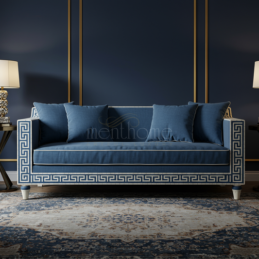 Inlay Blue Grecian Pattern Sofa | Luxury Handmade Sofa