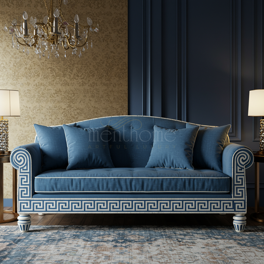 Luxury Blue Inlay Sofa with Greek Key Pattern | Luxury Handmade Sofa