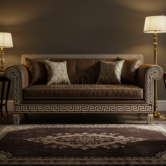 Inlay Art Deco Brown Velvet Sofa | Luxury Handmade Sofa
