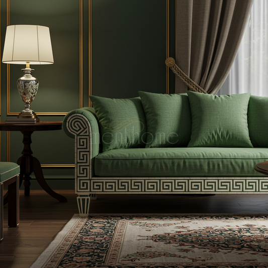 Inlay Green Sofa with Geometric Detailing | Luxury Handmade Sofa