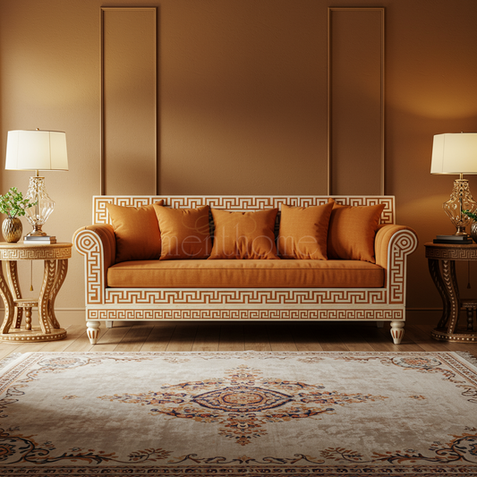 Luxurious Inlay Patterned Sofa with Earth Tone Cushions | Luxury Handmade Sofa